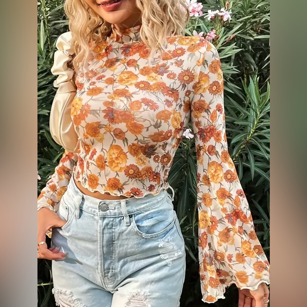 NWT Floral Mesh Mock Neck Top Bell Sleeves Size M Boho Y2K Hippie 70s Chic